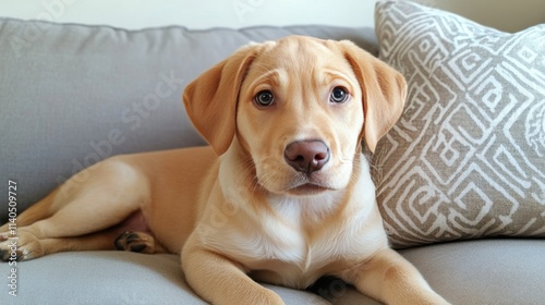 Cute puppy relaxing on a soft couch during a sunny afternoon indoors