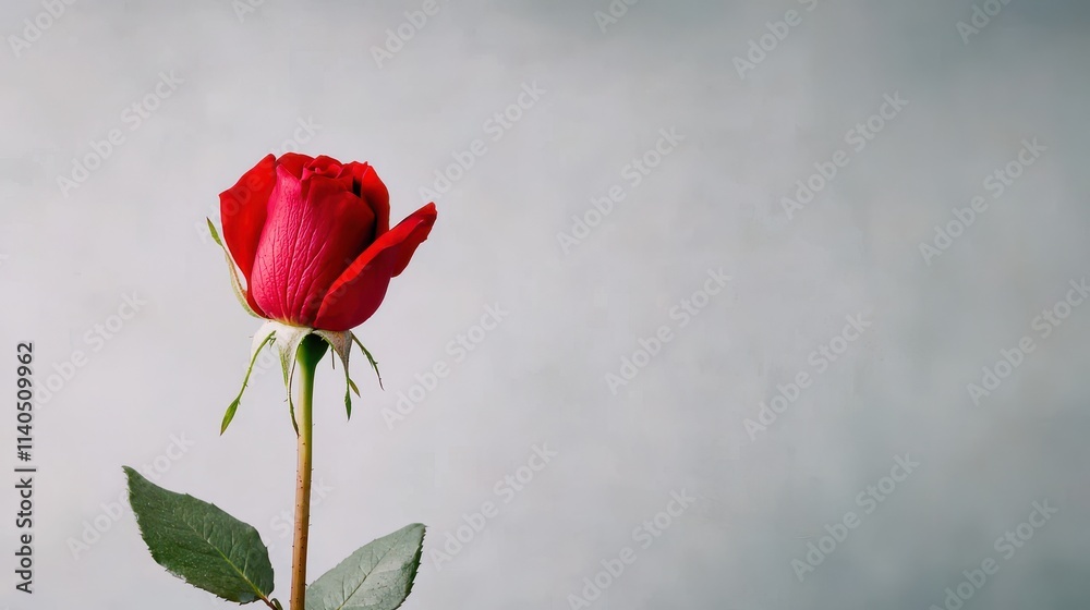 Single red rose against a soft gray background. Single red rose against a soft gray background.