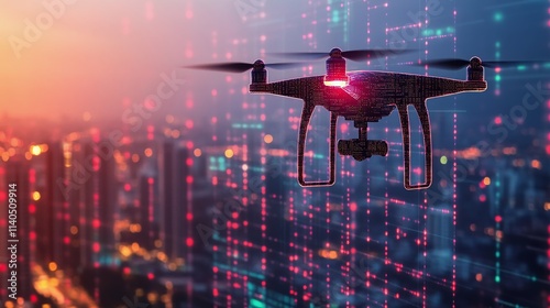 Drone flying over a city skyline during sunset with digital data visualizations