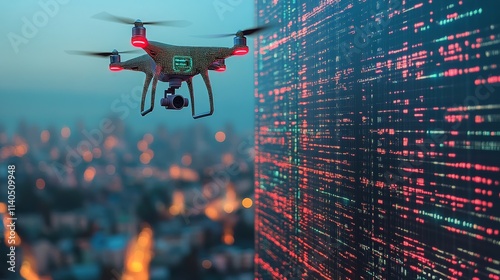 Drone flying over a city skyline during sunset with digital data visualizations