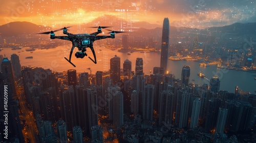 Drone flying over a city skyline during sunset with digital data visualizations