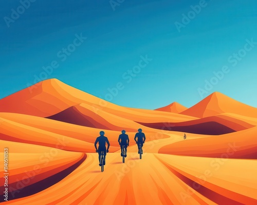 Cyclists winding through scenic desert marathon, sandy dunes and blue sky photo