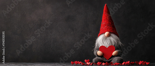 A cute gnome holding a red heart with petals around, perfect for a cozy atmosphere.