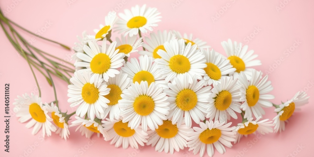 Fototapeta premium A delicate bouquet of white daisies with yellow centers rests on a soft pink background