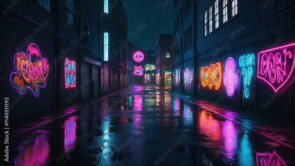 Vibrant neon graffiti illuminates urban alley, wet pavement reflecting colorful lights, creating an atmosphere of nightlife and urban culture.