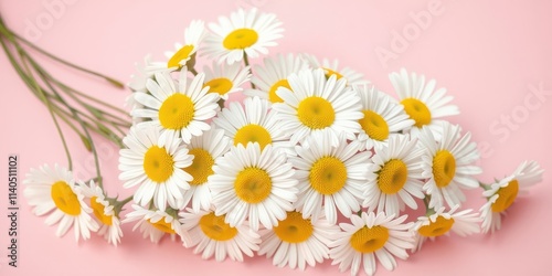 A delicate bouquet of white daisies with yellow centers rests on a soft pink background