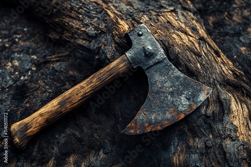 Rustic axe with wooden handle rests on aged wood.