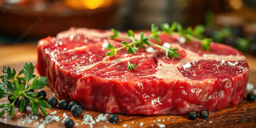 Juicy, seasoned beef steak, ready for cooking, garnished with fresh herbs and spices on a wooden board. Juicy, seasoned beef steak, ready for cooking, garnished with fresh herbs and spices on a wooden board.