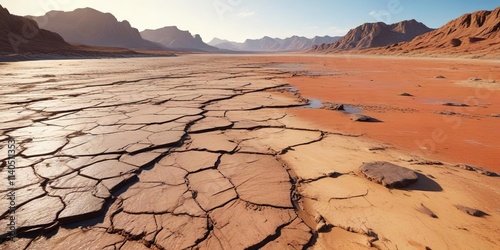 Desert landscape with cracked earth and dried-up lake , arid, erosion photo