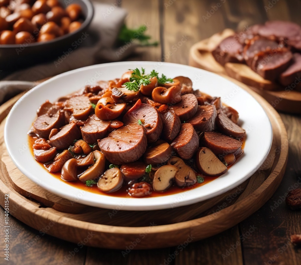 Chorizo sausage sliced on top of braised liver with saut?ed mushrooms, flavorful topping, comforting cuisine, savory dish Chorizo sausage sliced on top of braised liver with saut?ed mushrooms, flavorful topping, comforting cuisine, savory dish