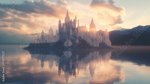 Fantasy Island Castle, A Magical Realm at Sunset. Concept of Fairytale, Dreamscape photo