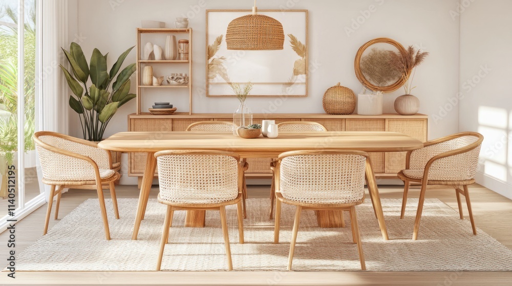 Light dining room with wooden table and woven chairs. Light dining room with wooden table and woven chairs.