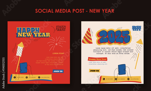 Social media post template with retro concept design for new year campaign