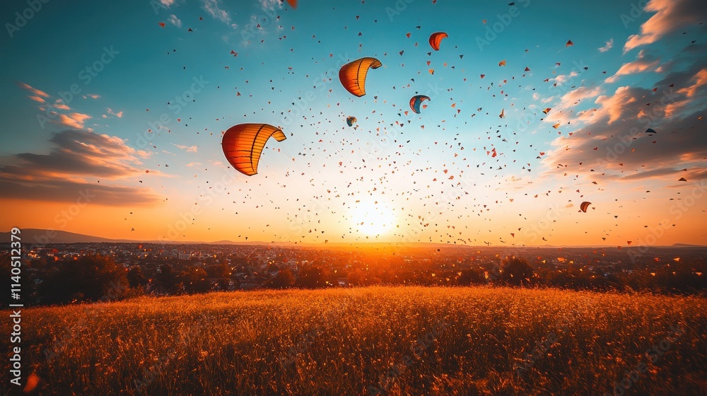 Obraz premium Sunset kites fly over golden field.