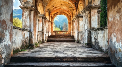 View through an archway leading to grand staircase at an abandoned historical...
