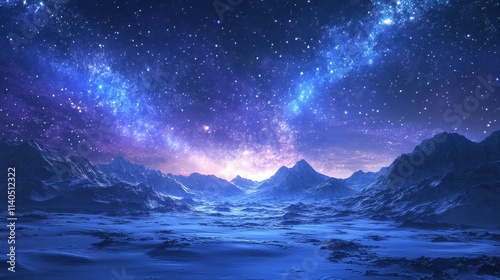 Majestic frozen mountain landscape under vibrant starry sky, nightscape with glowing Milky Way for backgrounds, sci-fi designs, and winter-themed concepts