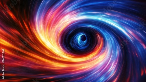 Colorful swirling black hole vortex with glowing light trails, abstract space-time concept for sci-fi, physics backgrounds, and futuristic designs