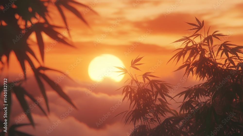 Obraz premium Sunset through bamboo leaves.