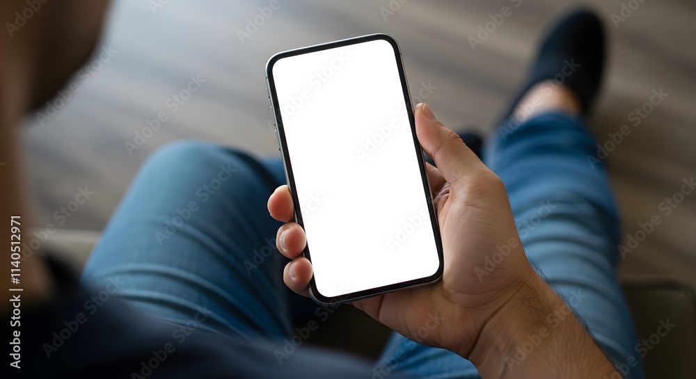 Top view of man holding blank screen smartphone. Copy space and mockup. Top view of man holding blank screen smartphone. Copy space and mockup.