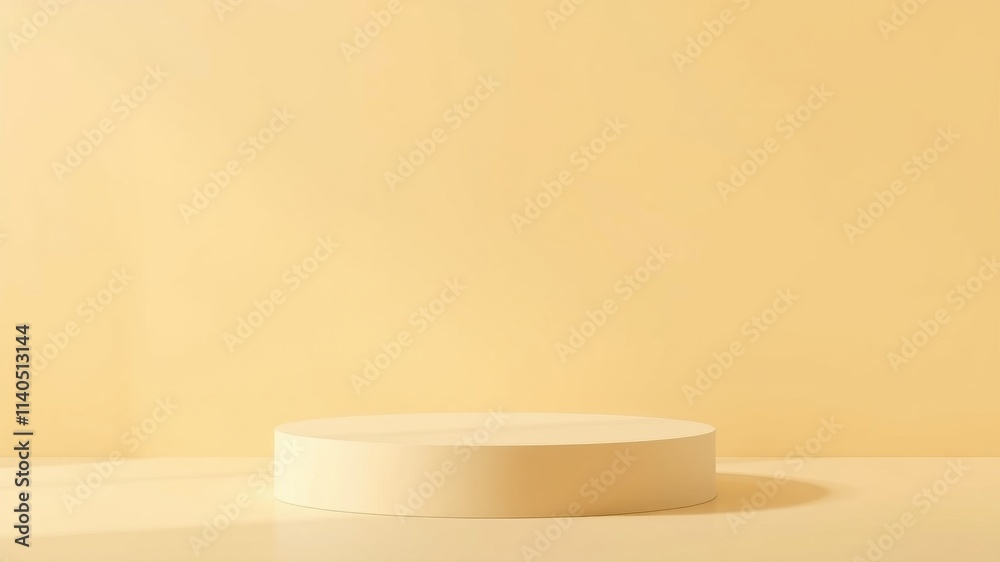 Cream-colored cylindrical pedestal against a pale yellow backdrop, ideal for product display or minimalist design presentations. Cream-colored cylindrical pedestal against a pale yellow backdrop, ideal for product display or minimalist design presentations.
