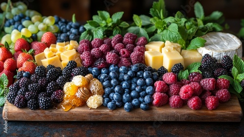 Fresh berries, honey, and honeycomb arranged on a wooden platter for a health...