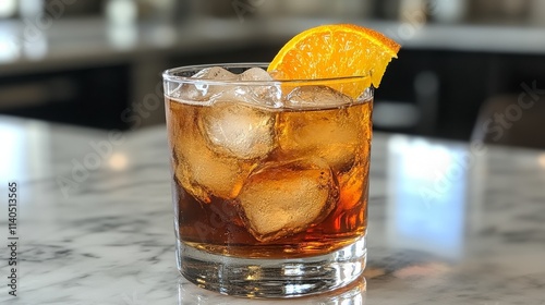 Refreshing cocktail served with ice and citrus garnish in a dark setting