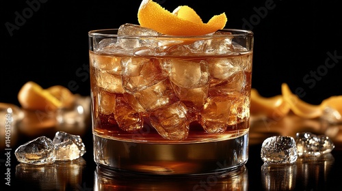 Refreshing cocktail served with ice and citrus garnish in a dark setting