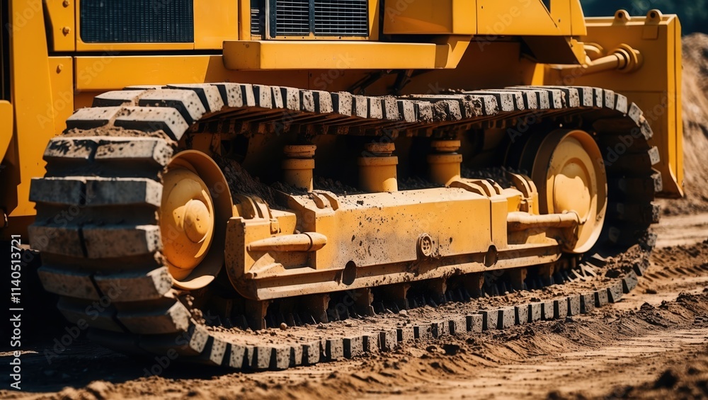 Close-up of heavy machinery track, showcasing rugged yellow design and dirt, emphasizing durability and industrial strength on construction site. Close-up of heavy machinery track, showcasing rugged yellow design and dirt, emphasizing durability and industrial strength on construction site.