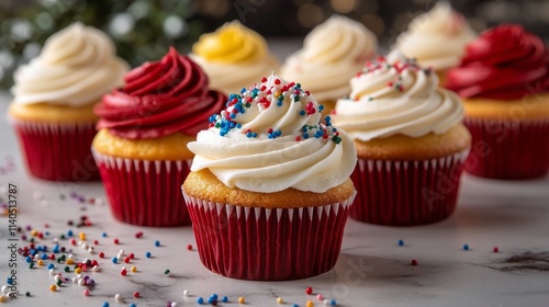 Colorful cupcakes decorated with frosting and sprinkles arranged on a table