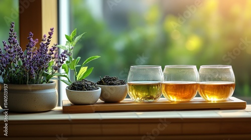 Experience the tranquility of tea tasting with herbal flavors and natural light