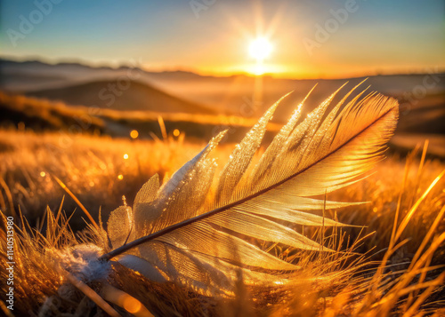 dew kissed feather rests on golden steppe, illuminated by warm glow of sunrise. serene landscape evokes sense of tranquility and beauty photo