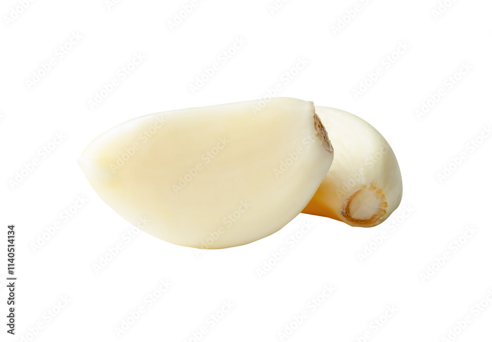 Fototapeta premium Side view of peeled garlic cloves in stack isolated with clipping path in png file format