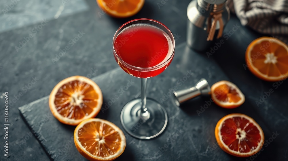 A refreshing crimson cocktail in a coupe glass, surrounded by juicy citrus fruit slices on a dark surface A refreshing crimson cocktail in a coupe glass, surrounded by juicy citrus fruit slices on a dark surface