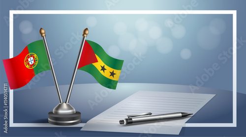 Portugal and Sao Tome and Principe National flags on small table with bokeh background, cooperative relationship