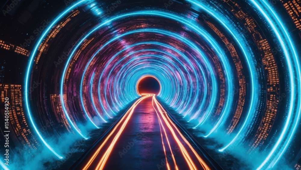 Futuristic tunnel illuminated with vibrant neon lights and swirling colors leading towards a glowing portal, evoking a sense of speed and adventure. Futuristic tunnel illuminated with vibrant neon lights and swirling colors leading towards a glowing portal, evoking a sense of speed and adventure.