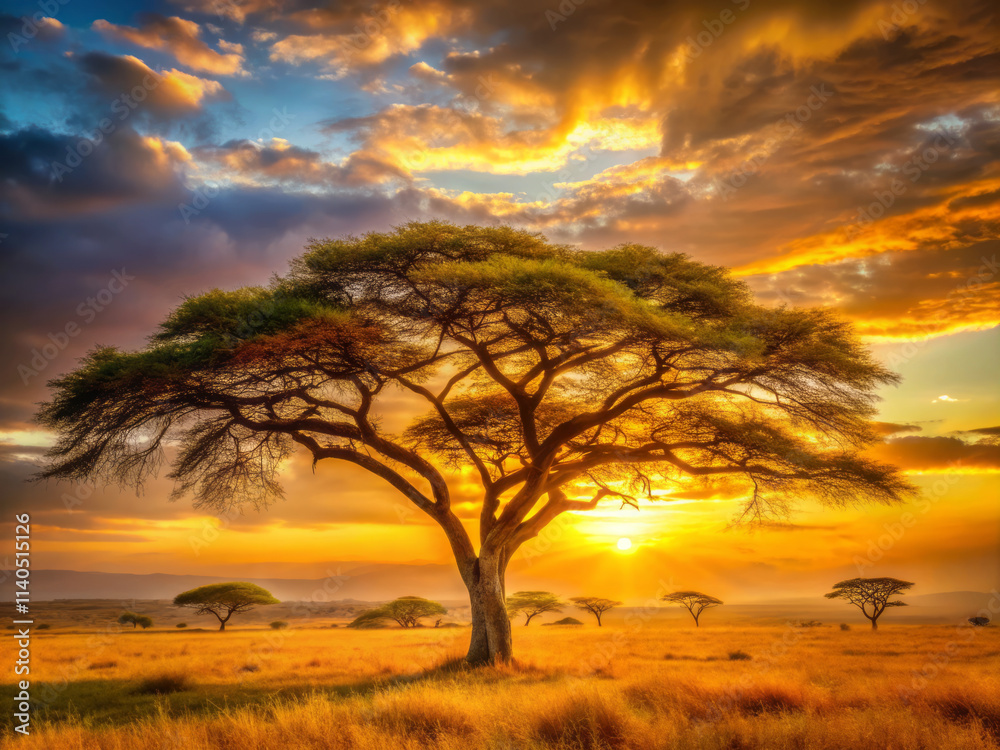 majestic acacia tree stands tall against stunning sunset, surrounded by golden grasslands. warm glow of sun highlights beauty of landscape majestic acacia tree stands tall against stunning sunset, surrounded by golden grasslands. warm glow of sun highlights beauty of landscape