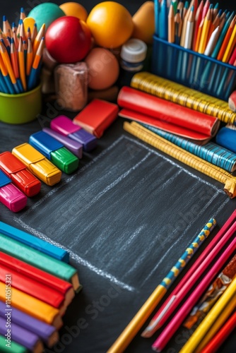 Creative workspace with colorful stationery and chalkboard in a cozy setting