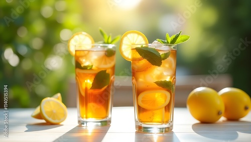 Two glasses of iced tea with lemon slices and fresh mint