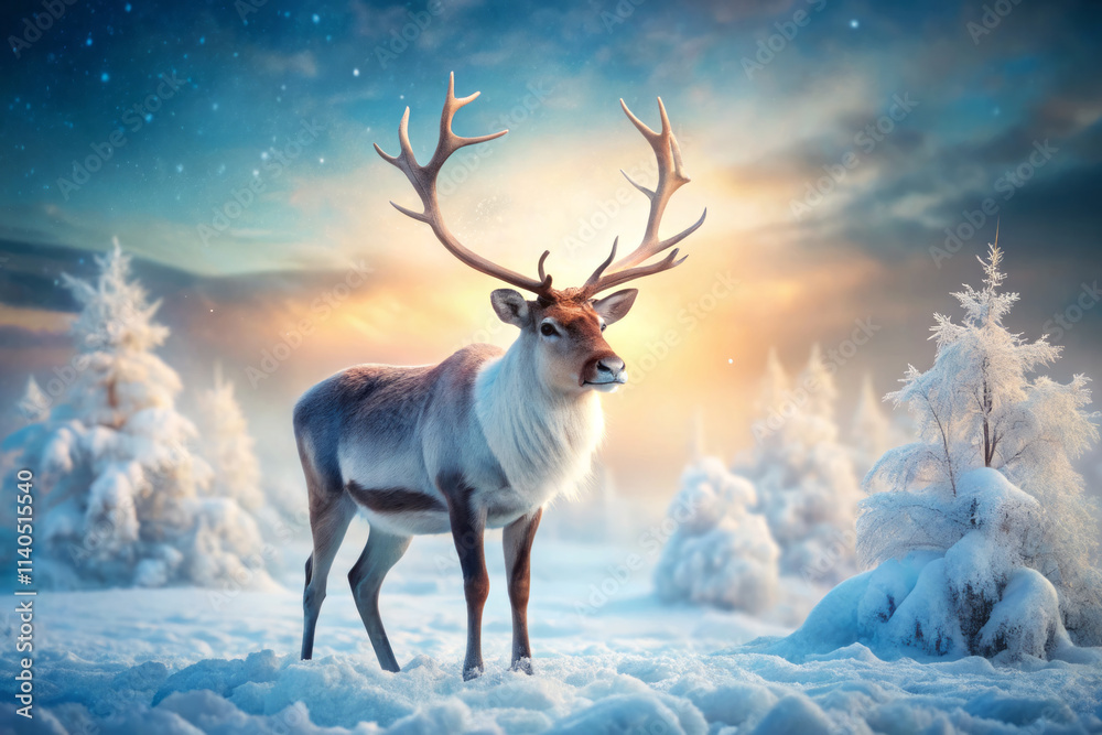 Majestic reindeer standing in snowy landscape with frosty breath, surrounded by snow covered trees and colorful sky. serene winter scene evokes tranquility and beauty Majestic reindeer standing in snowy landscape with frosty breath, surrounded by snow covered trees and colorful sky. serene winter scene evokes tranquility and beauty