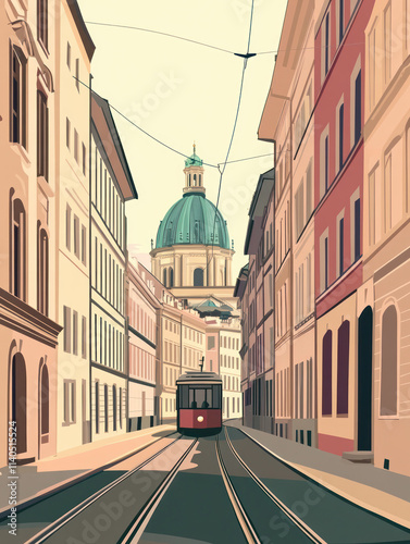 illustration of the old city with the tram in Europe 