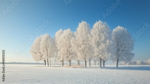 Winter landscape features snow covered trees under a clear blue sky