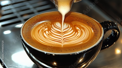 Barista prepares espresso beverage at coffee shop during morning rush hour in...