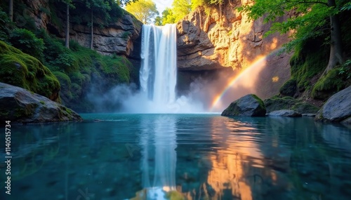 Reflection of colorful rainbow in calm waterfall surface, rainbow, reflection photo