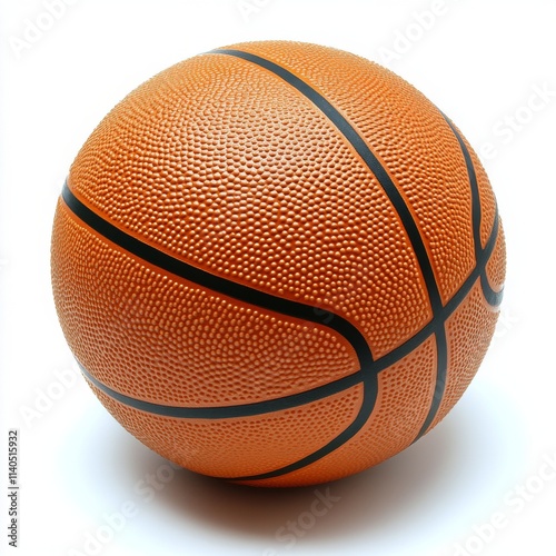 Detailed close up of a textured basketball resting on a plain background
