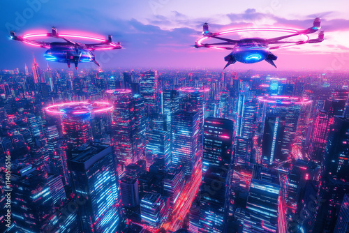 Futuristic cityscape illuminated by neon lights and soaring drones at dusk. Generative AI