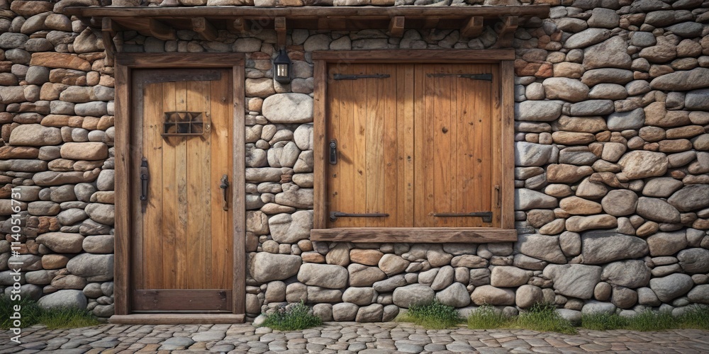 Rustic stone wall with an old wooden cabin door in the background, door, earthy, warm Rustic stone wall with an old wooden cabin door in the background, door, earthy, warm