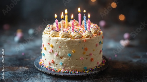 Cake decorated with colorful candles and sprinkles ready for celebration at a...
