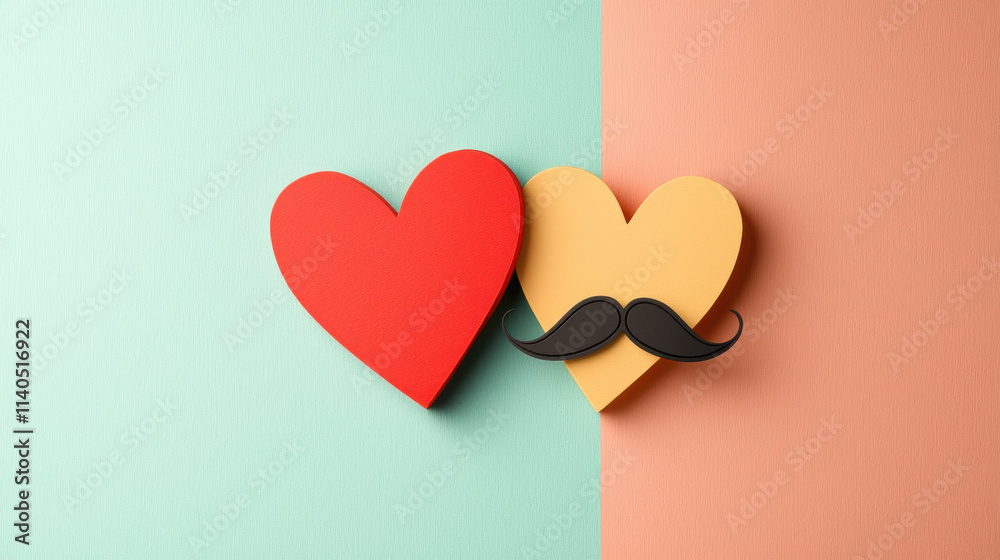 Valentine's Mustache concept. Colorful heart shapes with mustache design create playful vibe Valentine's Mustache concept. Colorful heart shapes with mustache design create playful vibe