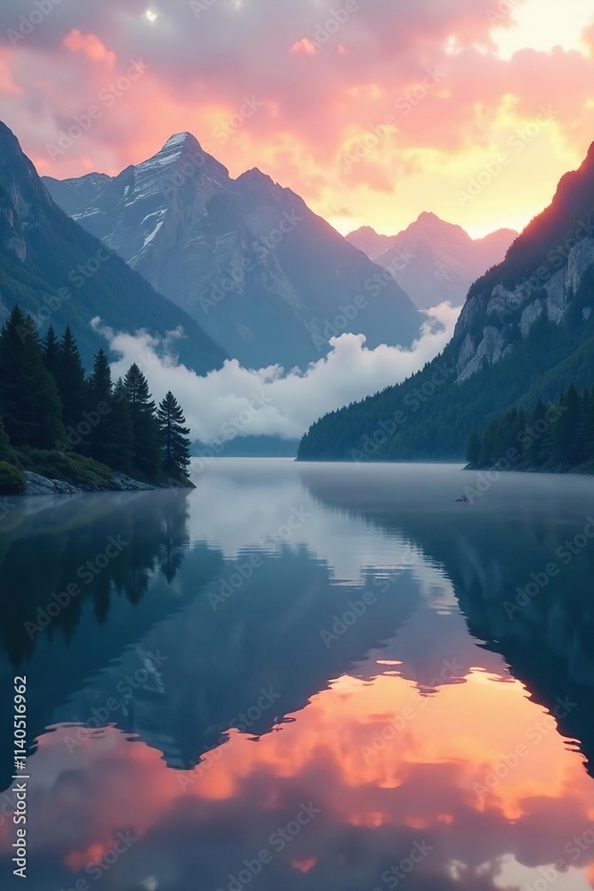 Serene lake at dawn with misty mountains surrounding it, mist, peaceful, dawn