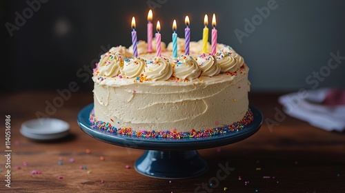 Cake decorated with colorful candles and sprinkles ready for celebration at a birthday party photo